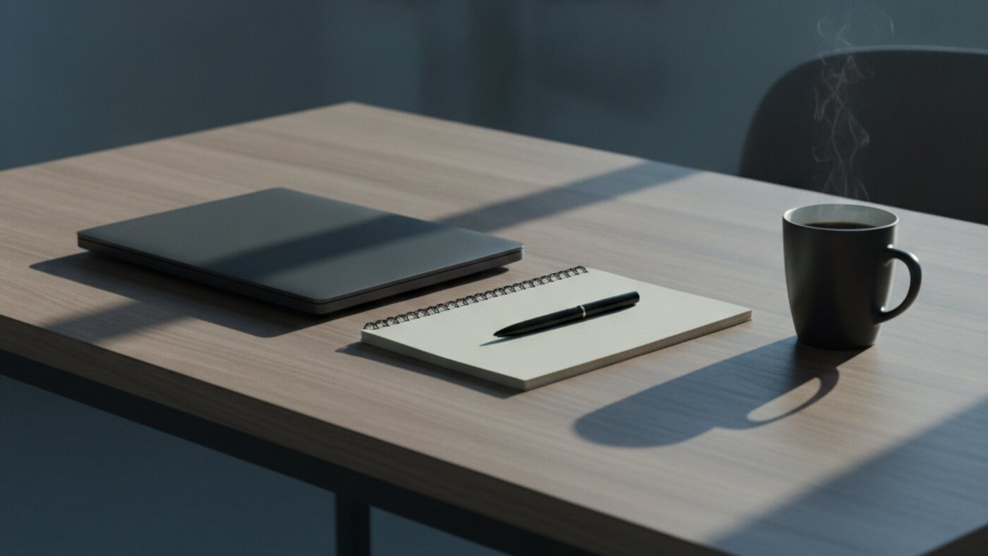 Desk by a window with a closed laptop, a notebook and a cup of coffee in soft morning light