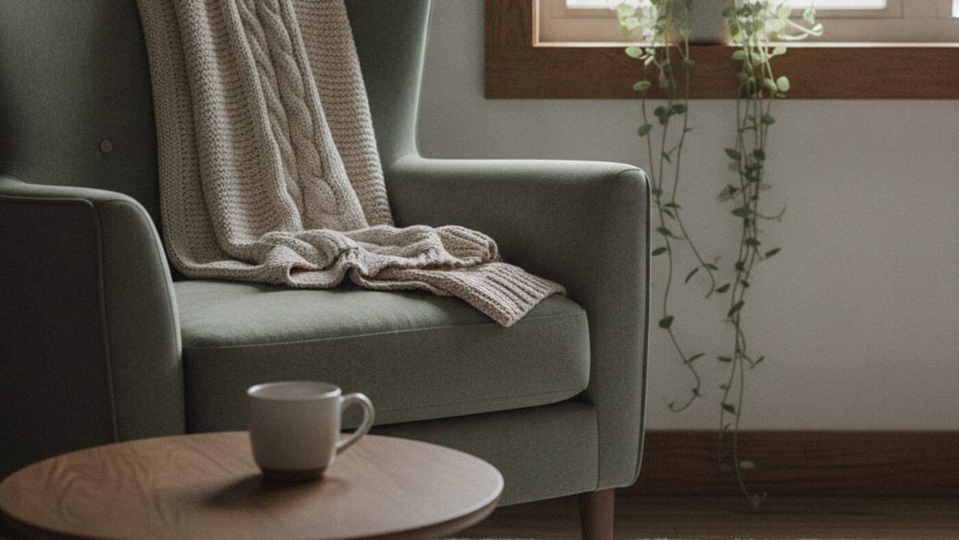 Armchair beside a window with a folded blanket and a plant, quiet and unhurried