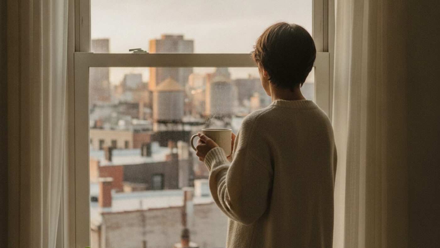 Adult at an apartment window at golden hour holding a mug, looking out over city rooftops