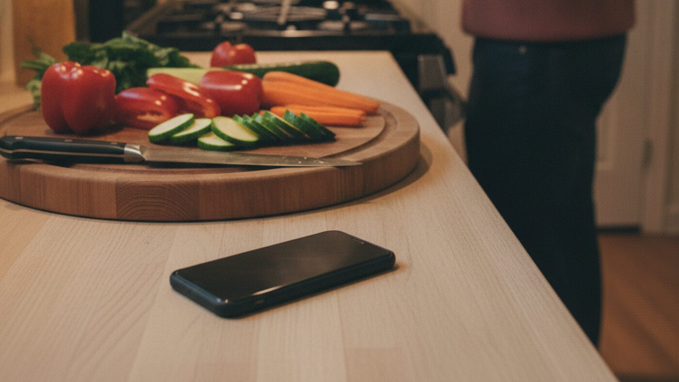 A phone lying face-down on a kitchen counter while someone cooks dinner in the background