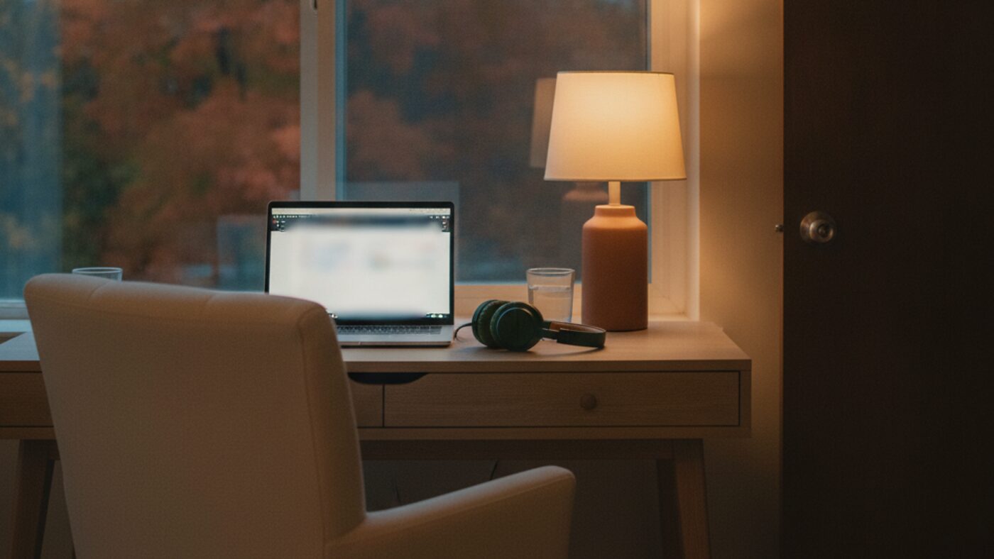 A quiet home desk set up for a private online therapy session, with headphones and a lamp