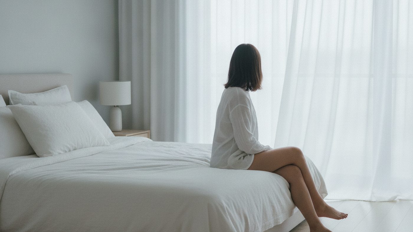 A person sitting on the edge of a bed in soft morning light, face turned away toward a window