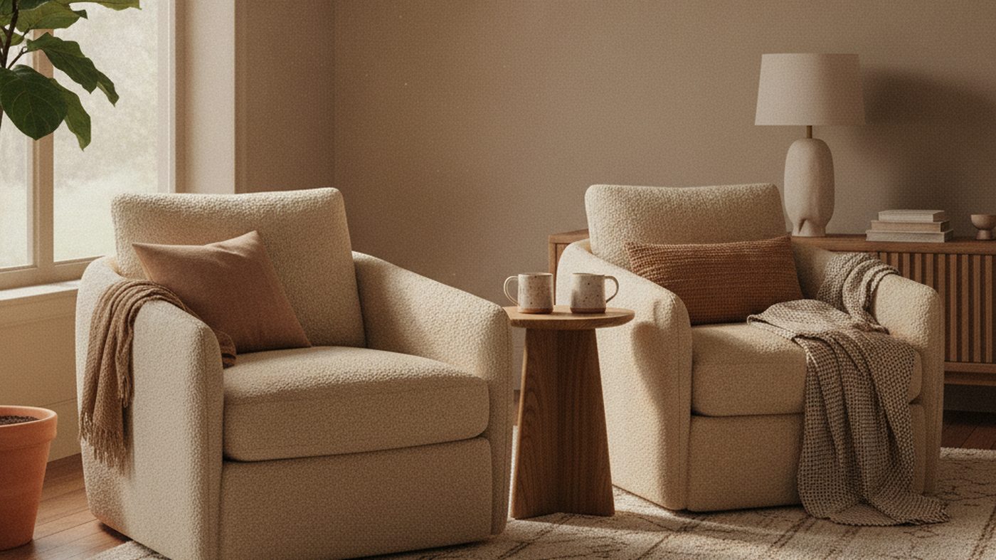 Two mugs on a small table between two armchairs in a calm, softly lit room