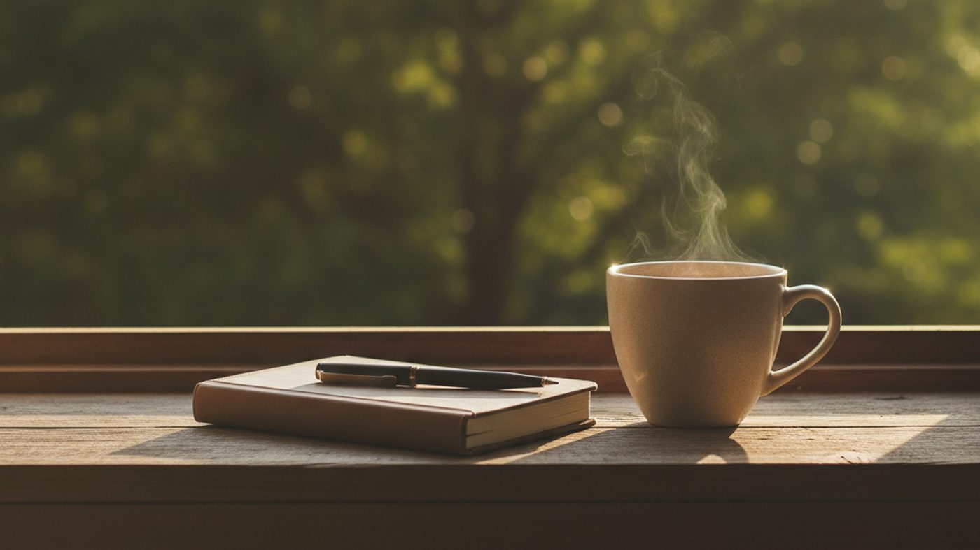 A cup of tea and a closed notebook on a windowsill in soft morning light