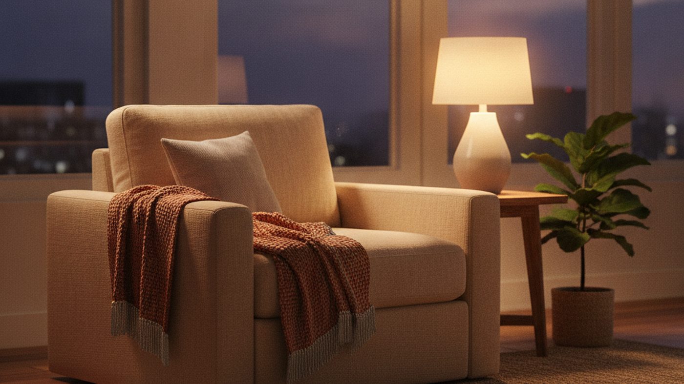 An empty armchair with a folded throw beside a lamp in a softly lit room