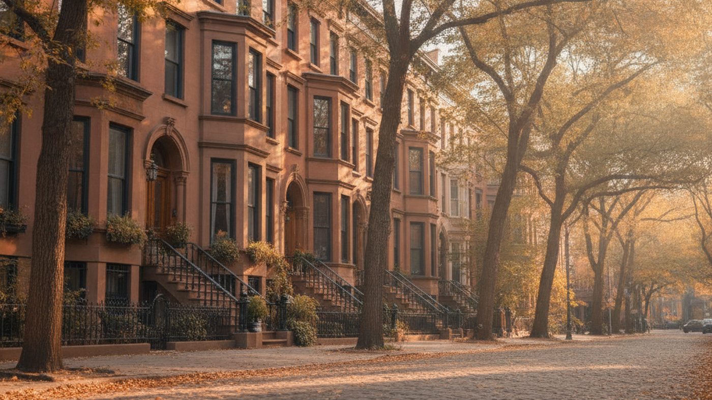 A quiet Brooklyn brownstone street lined with autumn trees in morning light