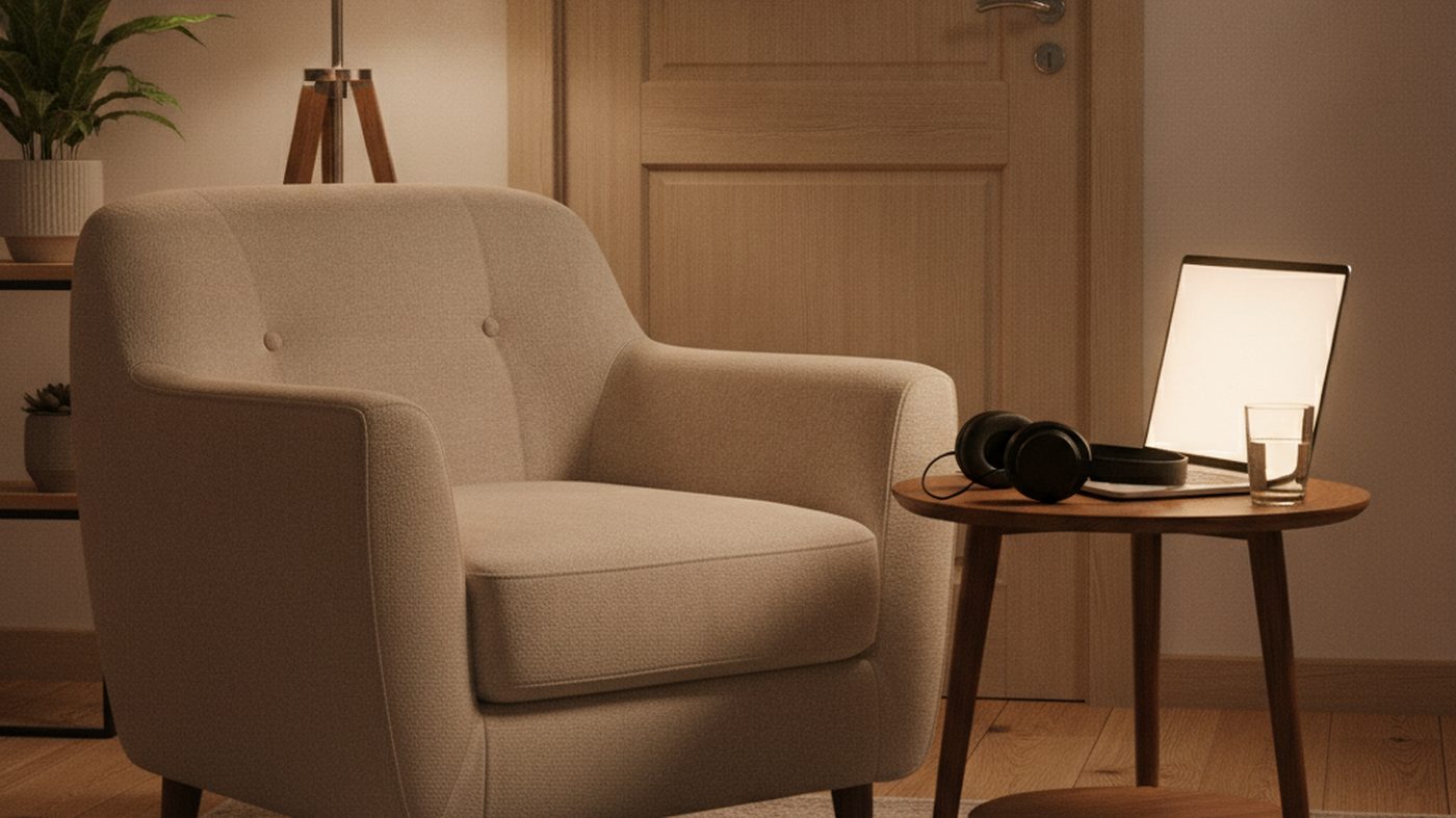 A quiet home corner with a chair, a laptop on a side table and headphones, ready for an online session