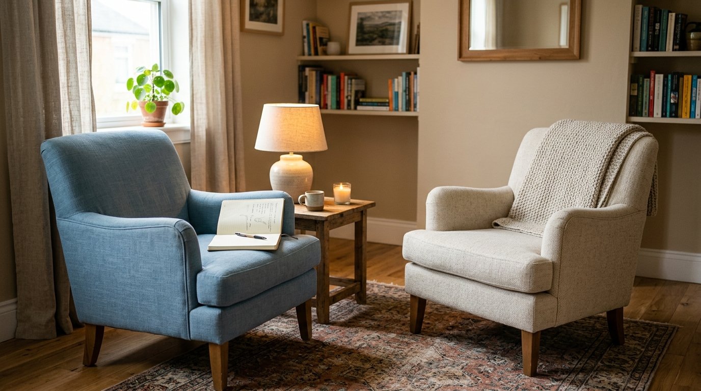 Two empty armchairs angled toward each other in a softly lit room