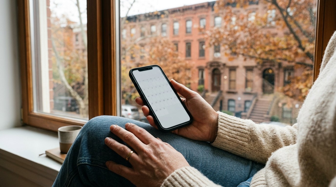 Hands holding a phone near a window overlooking brownstones in autumn