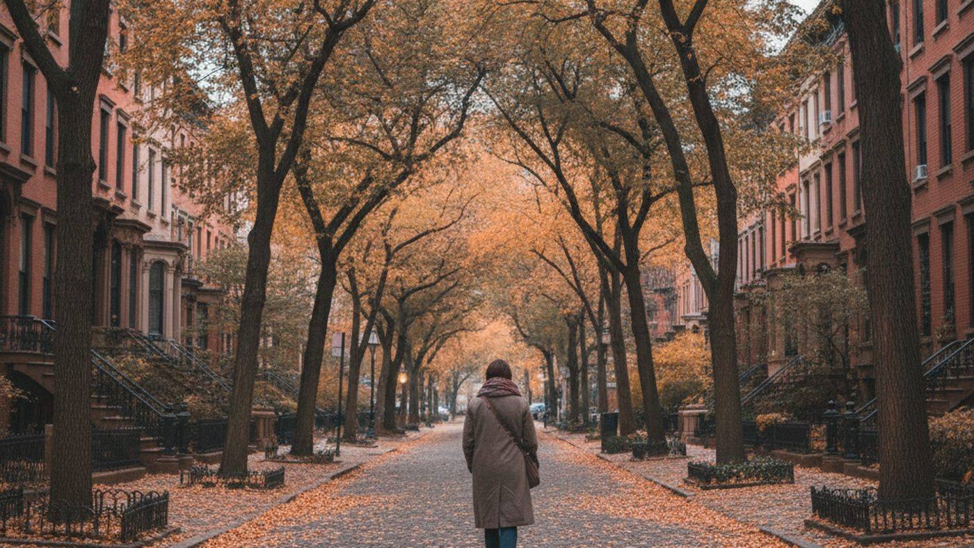 A person walking alone down a tree-lined Brooklyn street in autumn, seen from behind