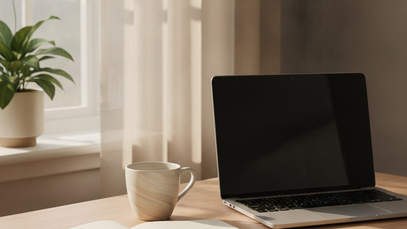 An open notebook and pen beside a laptop and a coffee cup on a desk by a window