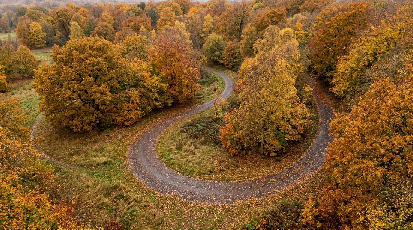 A winding park path in autumn that loops back on itself