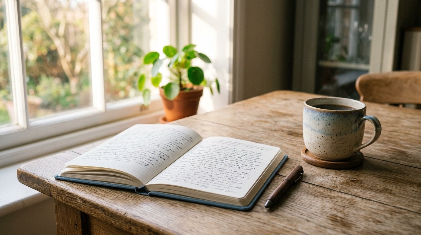 An open journal beside a cup of coffee on a kitchen table in morning light
