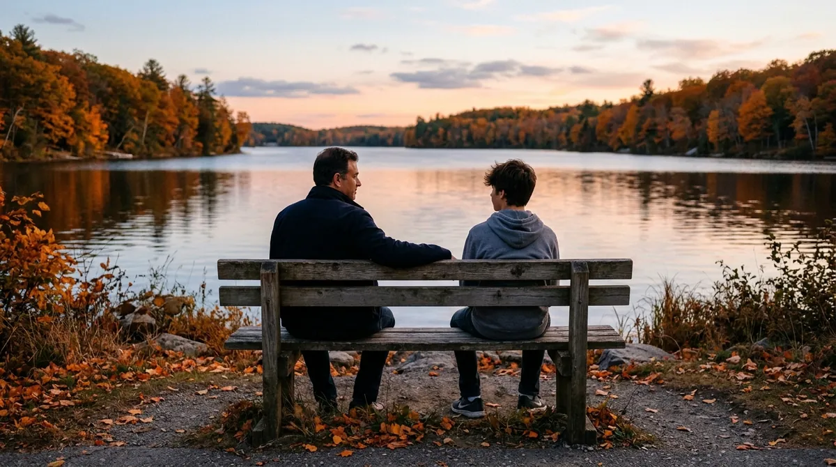 A father and teenage son seen from behind, sitting apart on a bench beside a lake at dusk