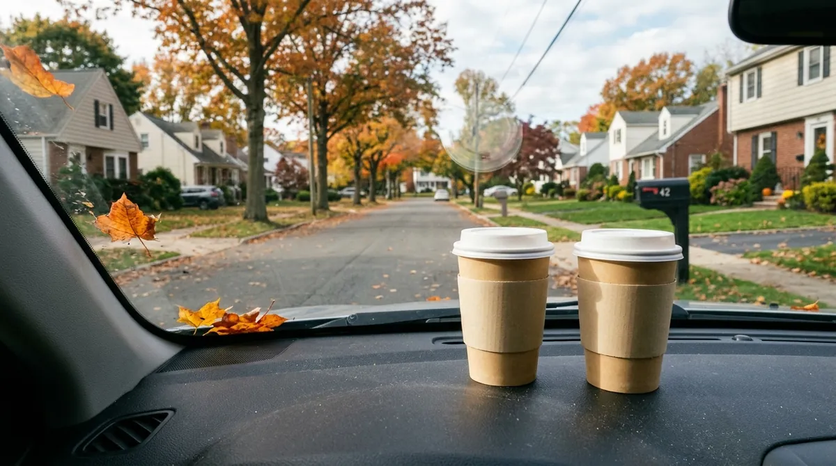 Two coffee cups on a car dashboard looking out at a quiet suburban street in autumn