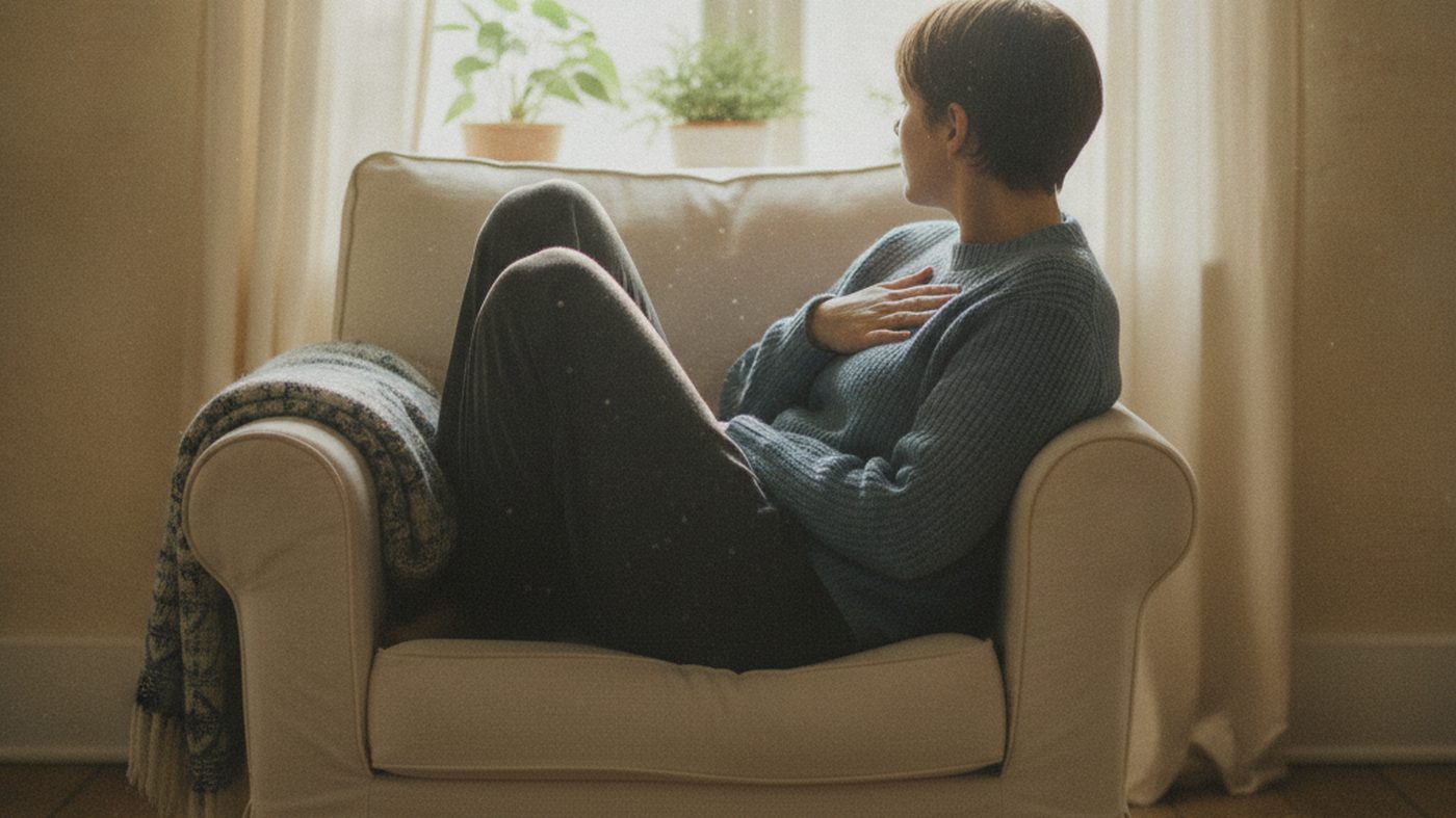 A person seated in an armchair at home with one hand resting on their chest, looking toward a window