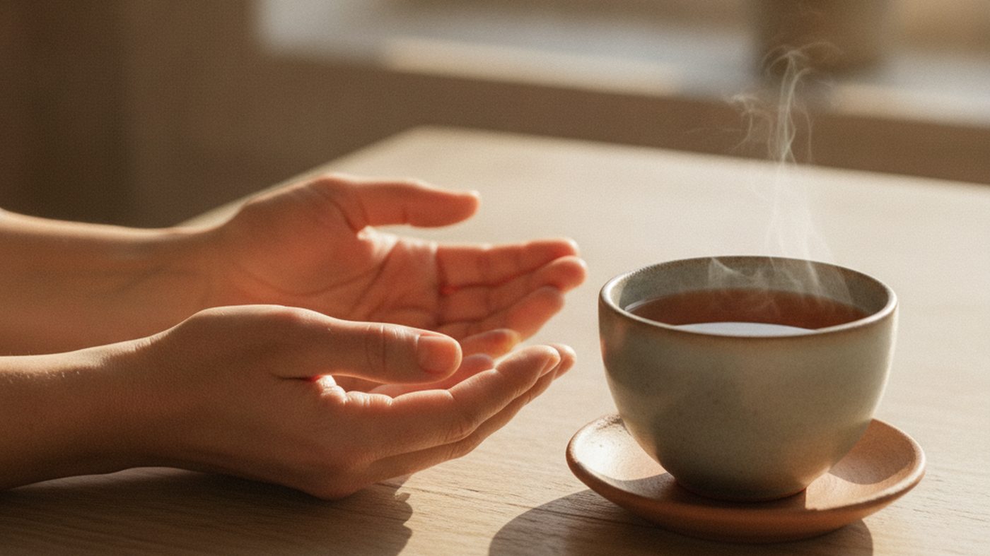Two open hands resting on a wooden table beside a cup of tea in soft afternoon light