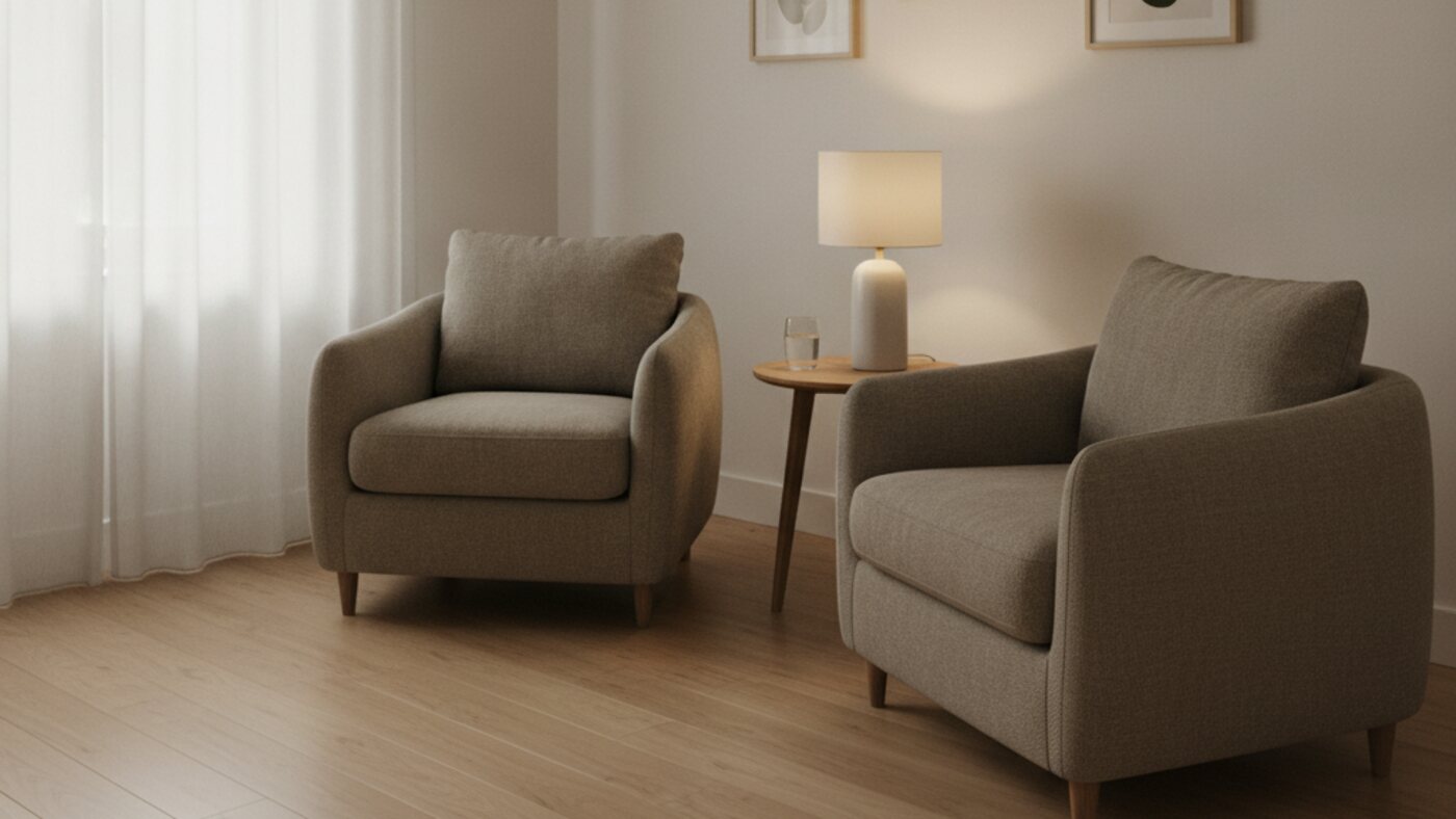 Two armchairs facing each other in a quiet therapy room with soft daylight through a window