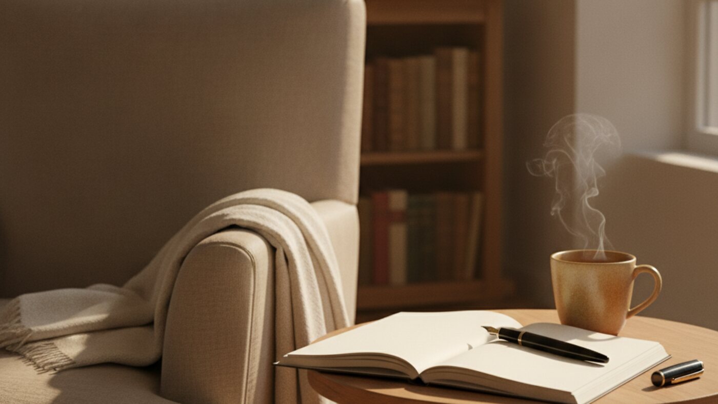 Open notebook and a mug on a side table beside an armchair in warm afternoon light