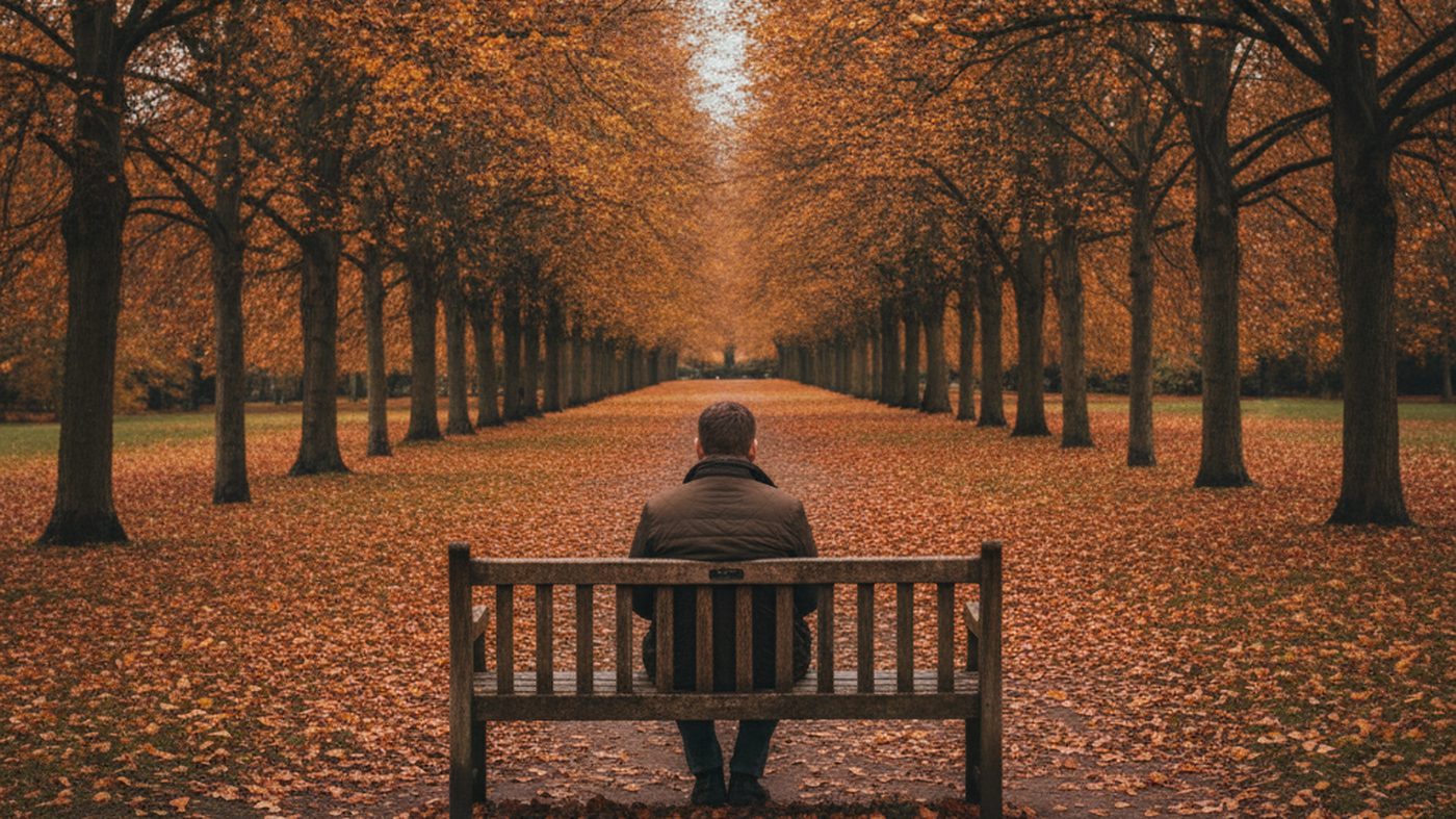 A man sitting alone on a park bench in autumn, seen from behind, looking out over a quiet path