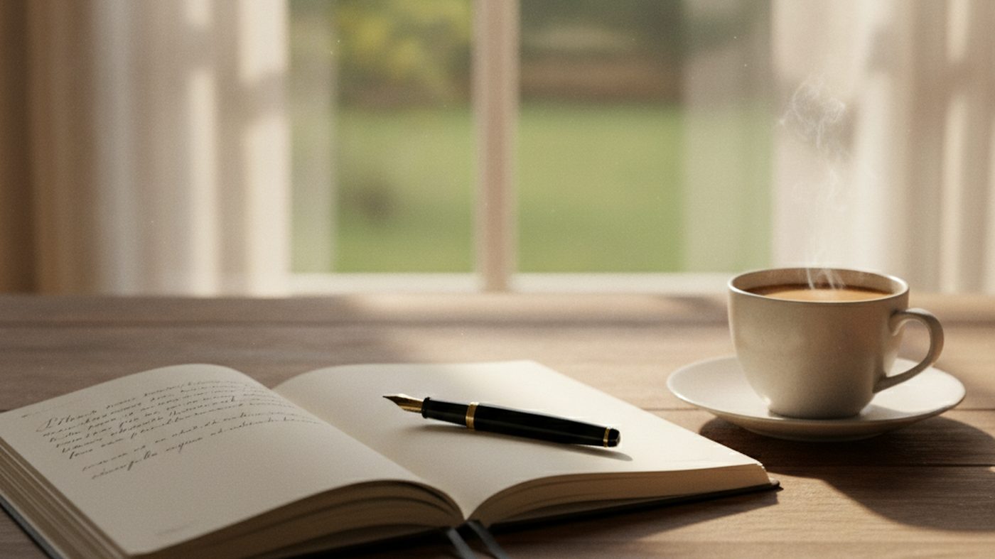 An open notebook with a pen and a cup of coffee on a wooden table by a window in morning light